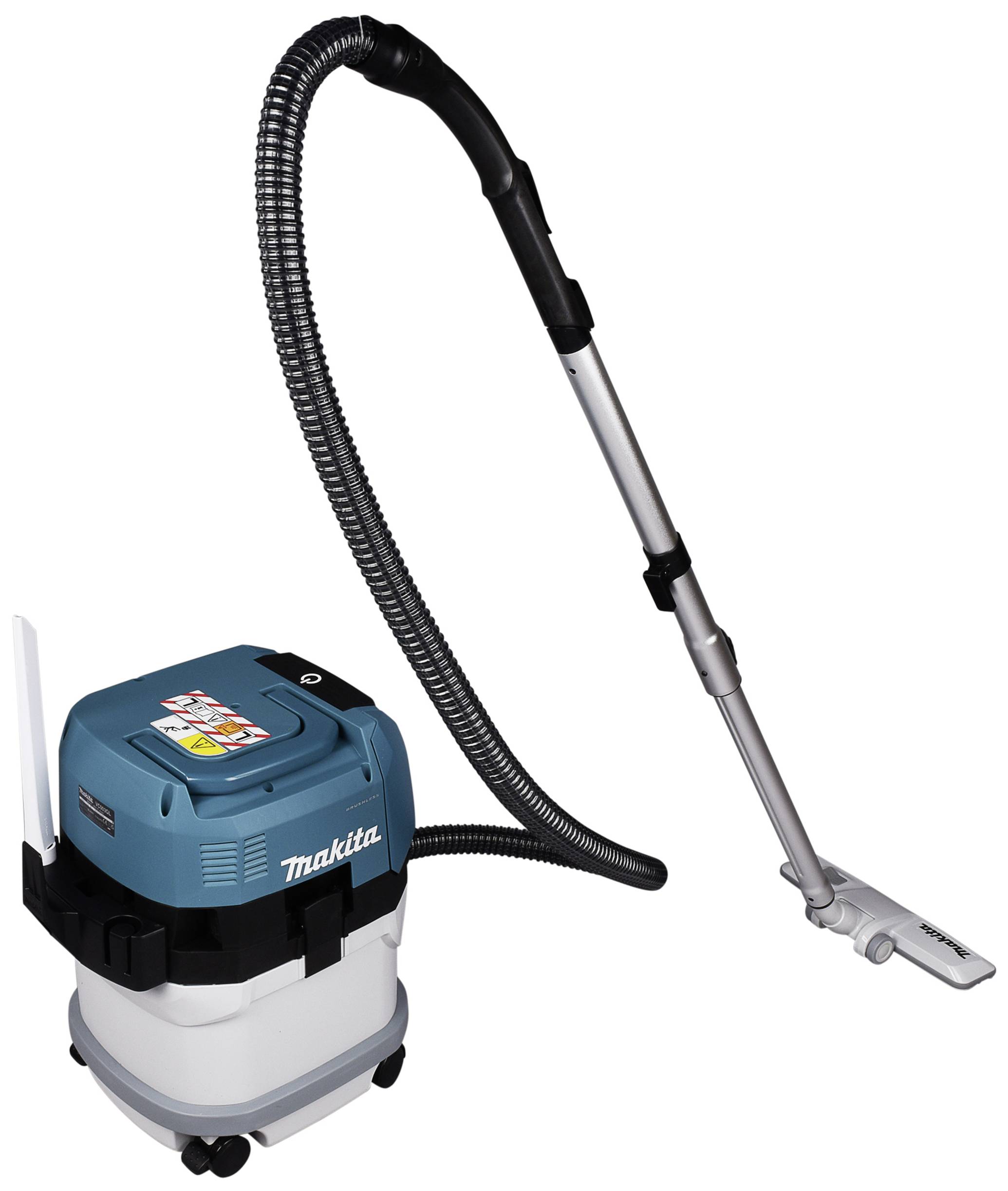 Industrial vacuum cleaner with a blue housing, black suction hose, and silver-coloured suction tube. Brand name shown at the front.