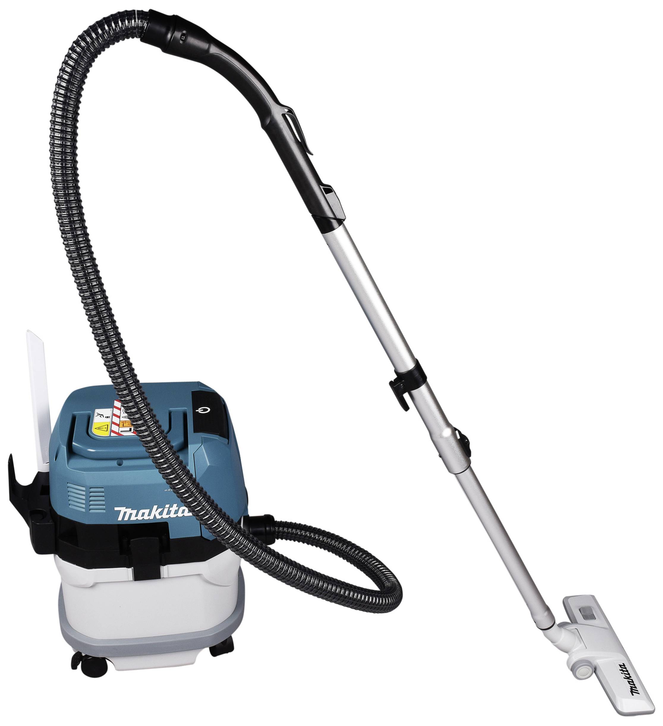 A blue and white portable vacuum cleaner with hose and nozzle. Suitable for use in households or on construction sites.