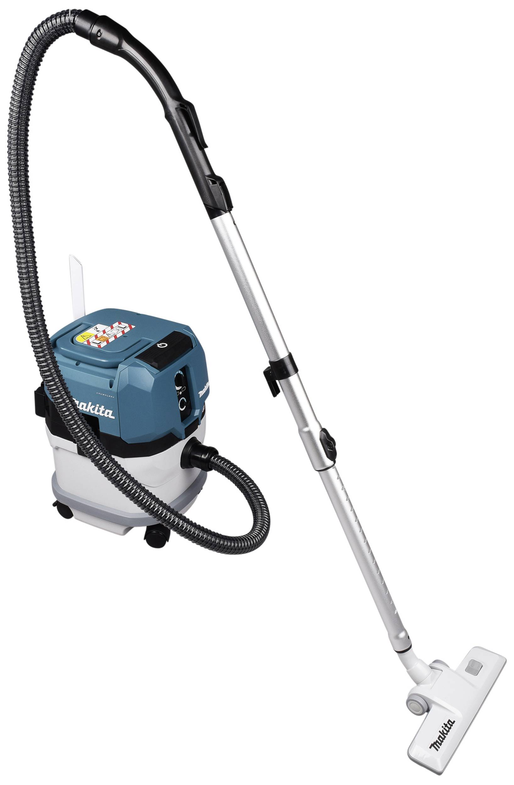Vacuum cleaner with a blue casing and long hose, suitable for cleaning tasks in households or on construction sites.