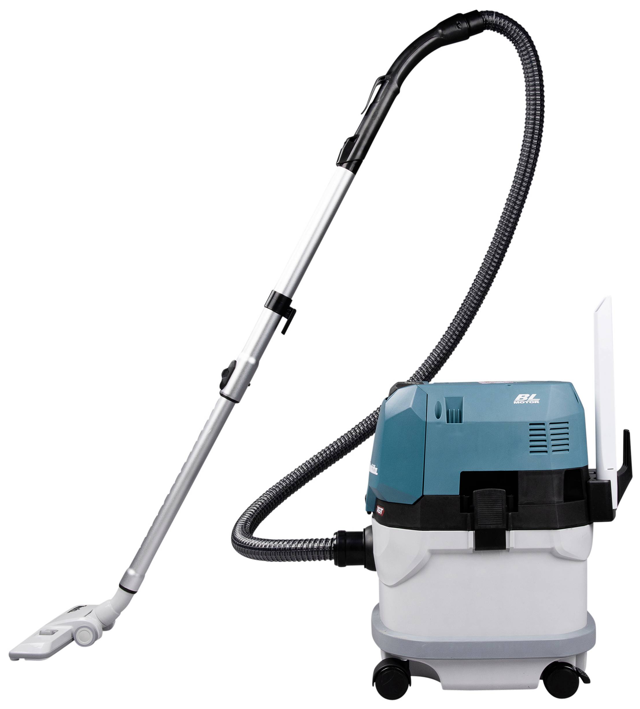 Vacuum cleaner with a long hose and floor nozzle, standing on castors. The main colour is blue with grey accents.