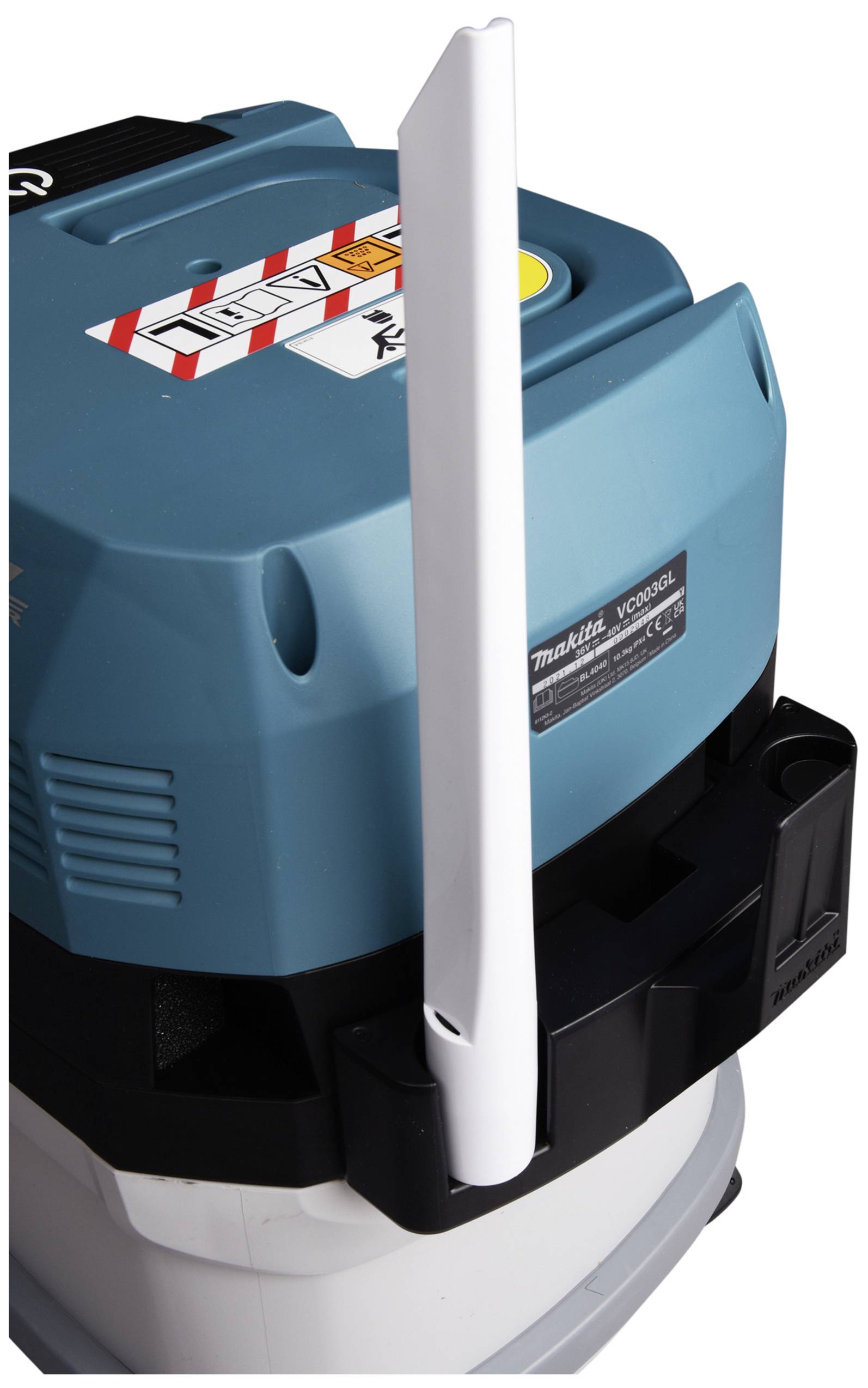 Blue vacuum cleaner with white accessory attachment, space-savingly positioned at the side. Device shows brand logo and sticker on top.
