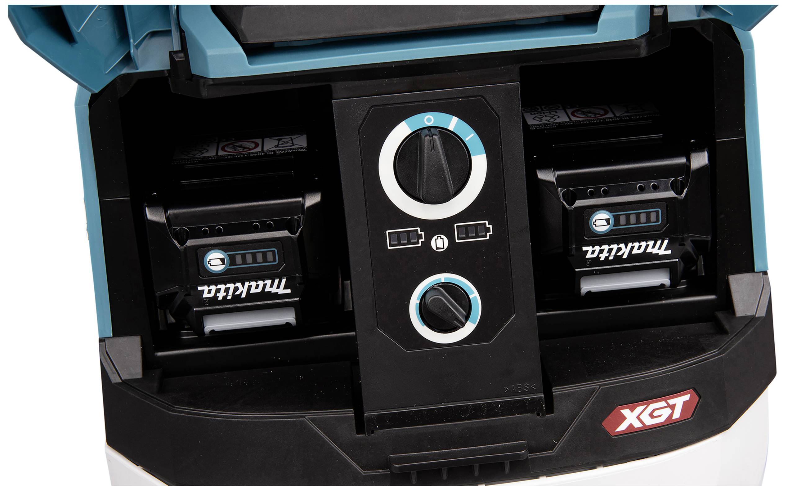 Two batteries in a blue-black charging unit with a central rotary dial and XGT logo in the bottom right.