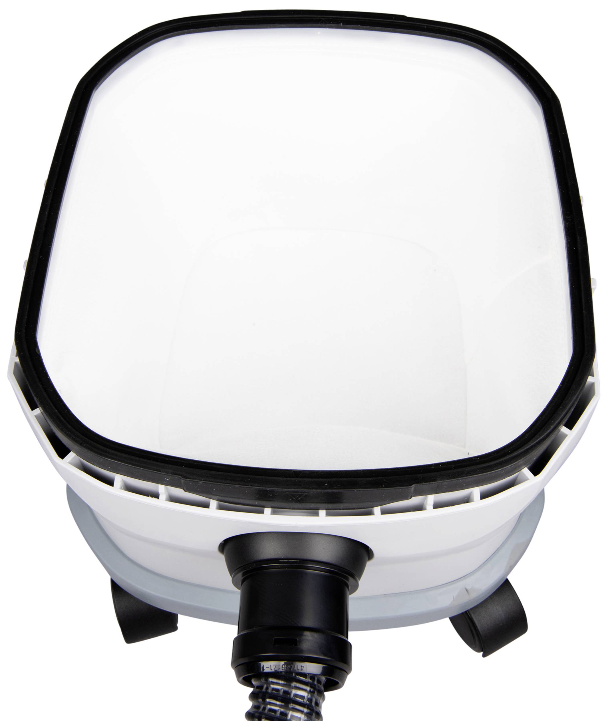 A white, square laundry basket with a black border and wheels on the base.