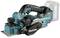 'Battery-powered electric planer with ergonomic handle, green-black design and Makita logo on the planer side.'