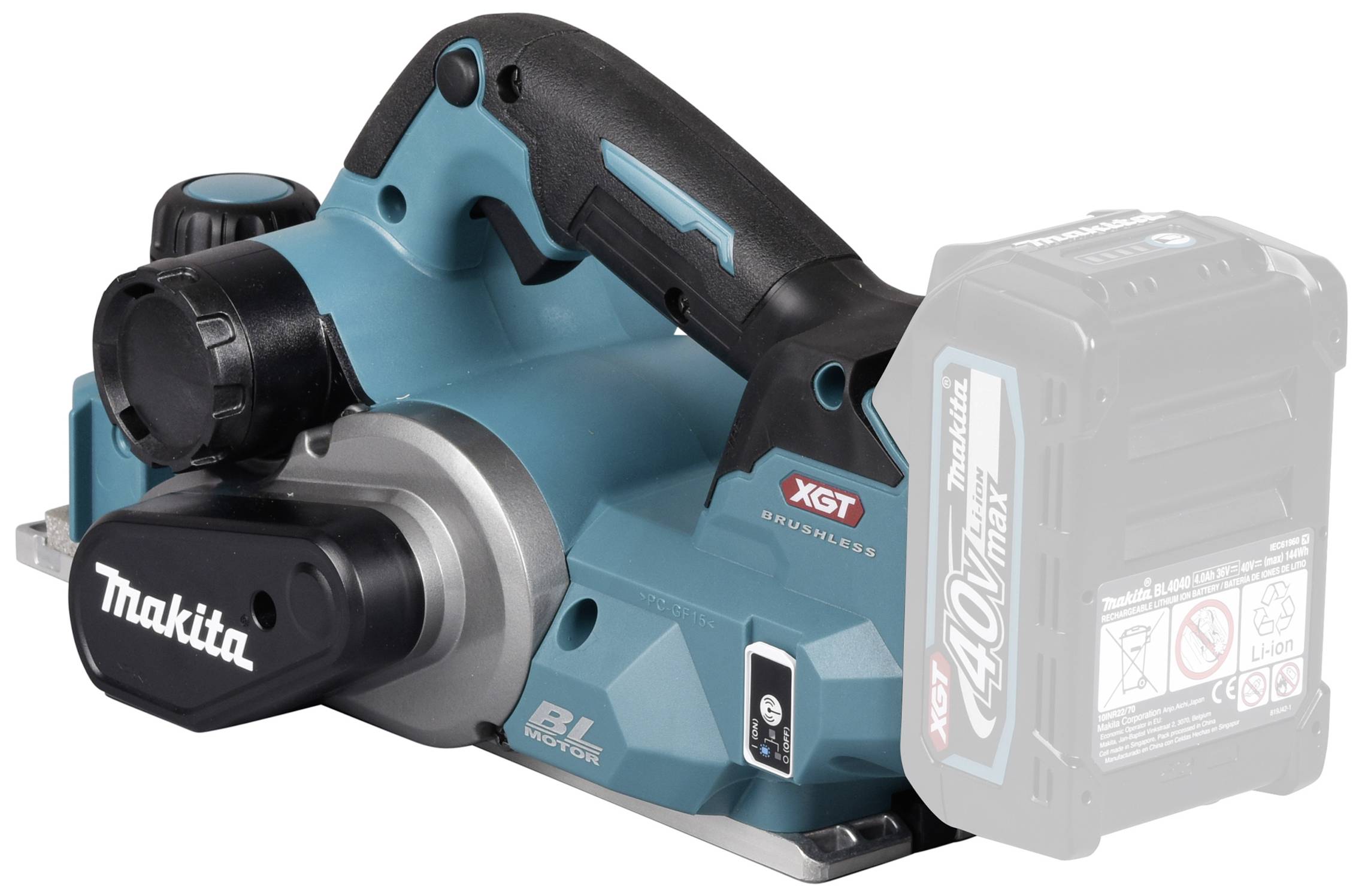 Makita battery-powered blue and black planer with XGT technology, suitable for woodworking tasks.