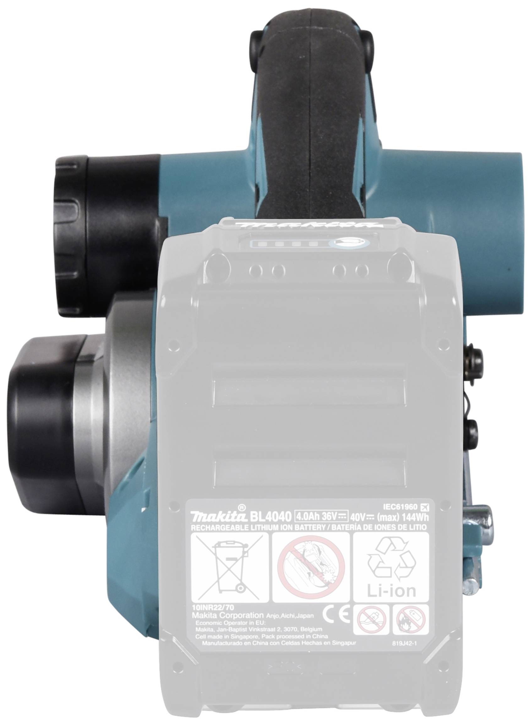 Top view of a blue electric tool with a grey, partially visible battery. The battery is a Makita Li-Ion brand.