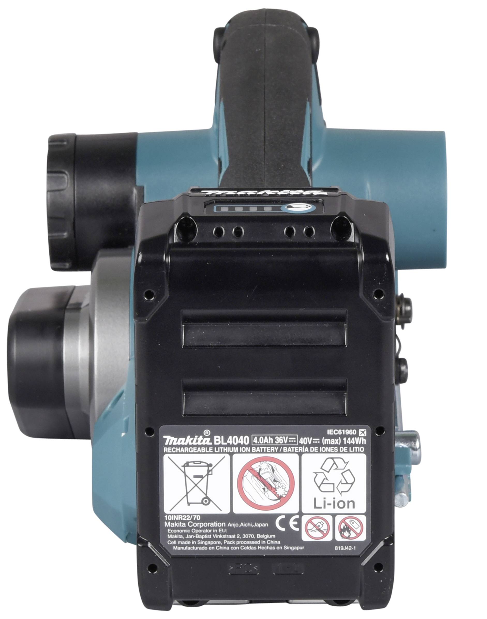 Tradesman's tool in black and teal with Li-Ion battery, labels with warning notices.