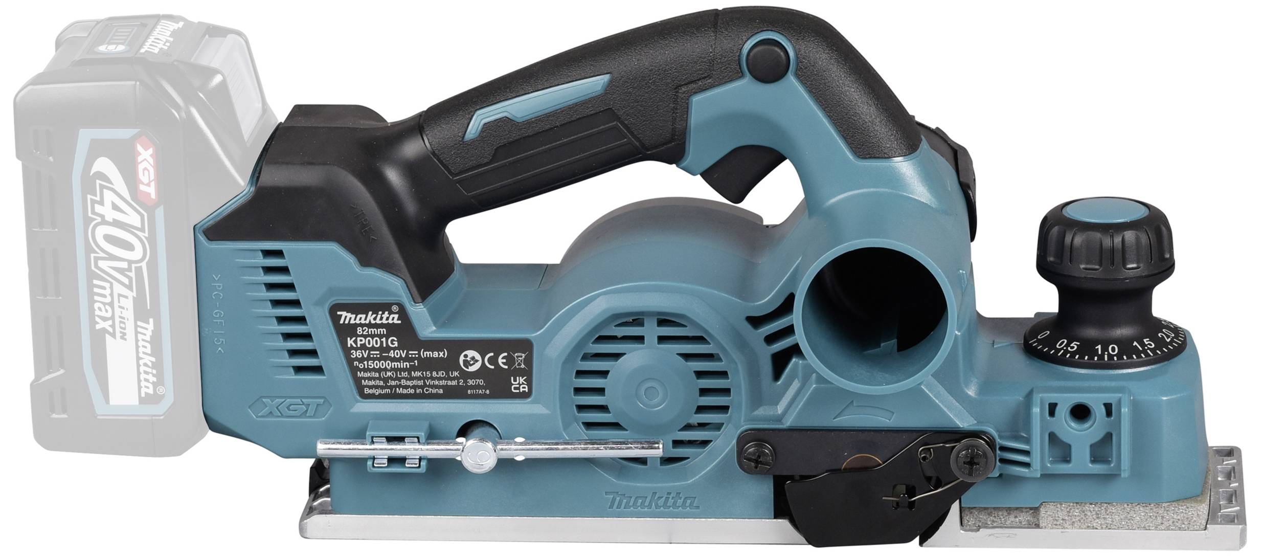 Electric planer in turquoise with a black handle. A blurred battery on the left. Suitable for smoothing wooden surfaces.