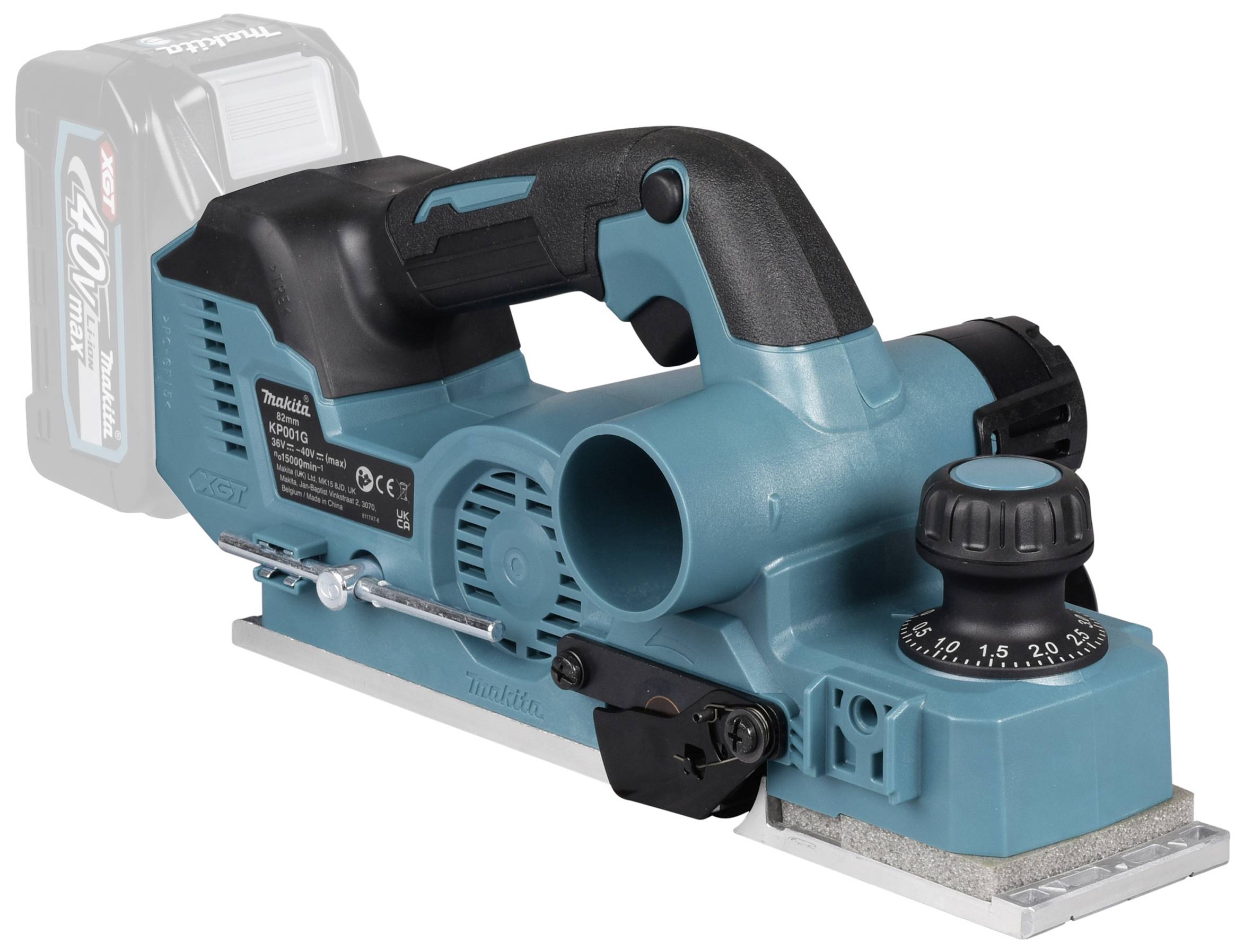 Electric hand planer in blue with a black handle, with an adjustment wheel on the right for cutting depth. Battery and blade located on the rear.