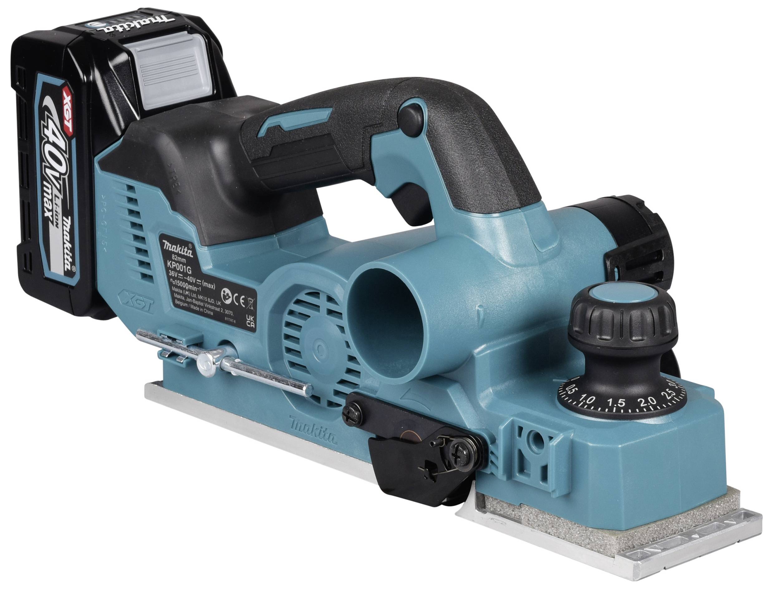 Battery-powered hand plane with adjustable depth scale, suitable for woodworking.