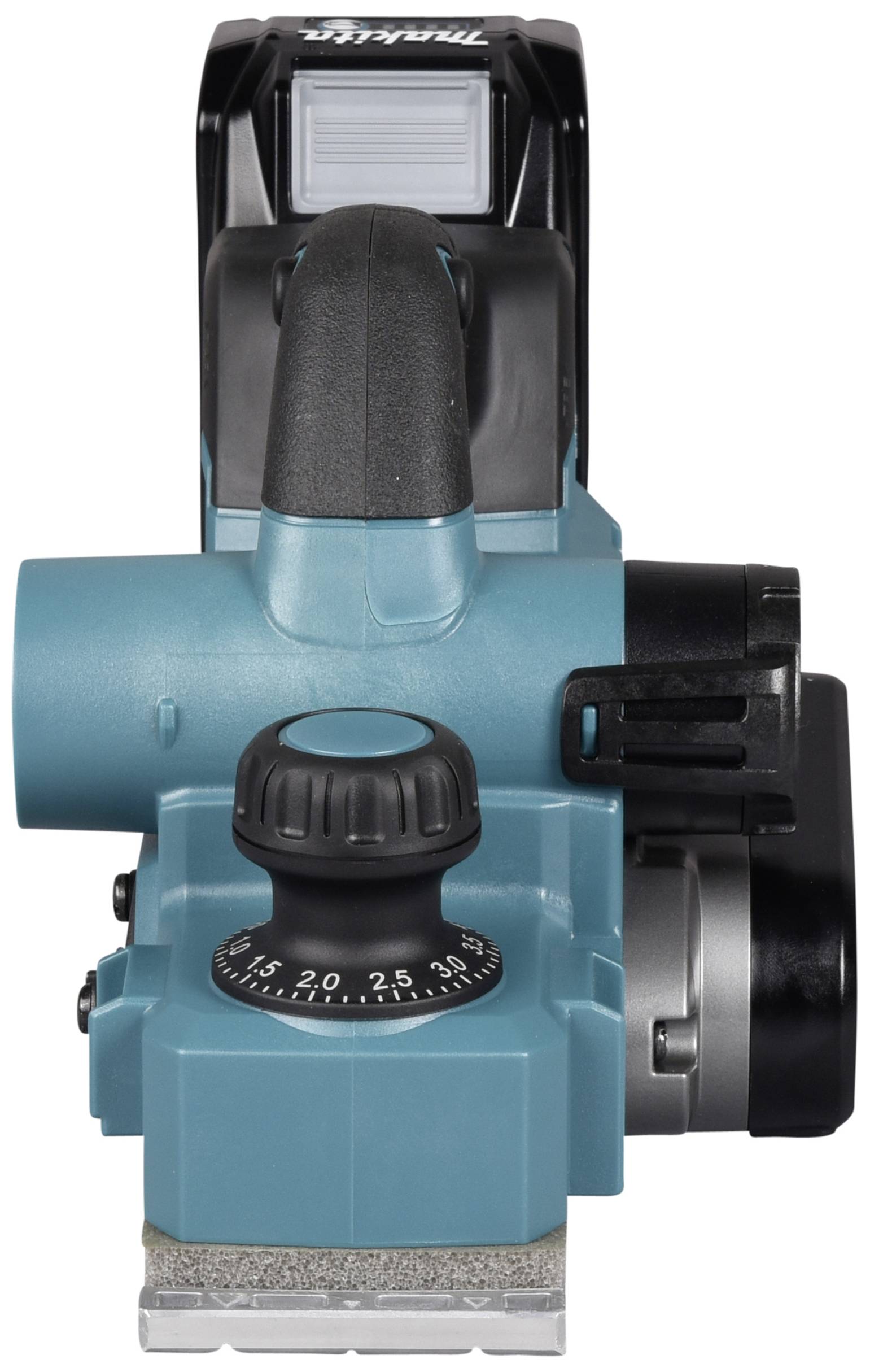 Electric planer in turquoise colour, with a black handle, large adjustment knob and depth setting scale on the front.