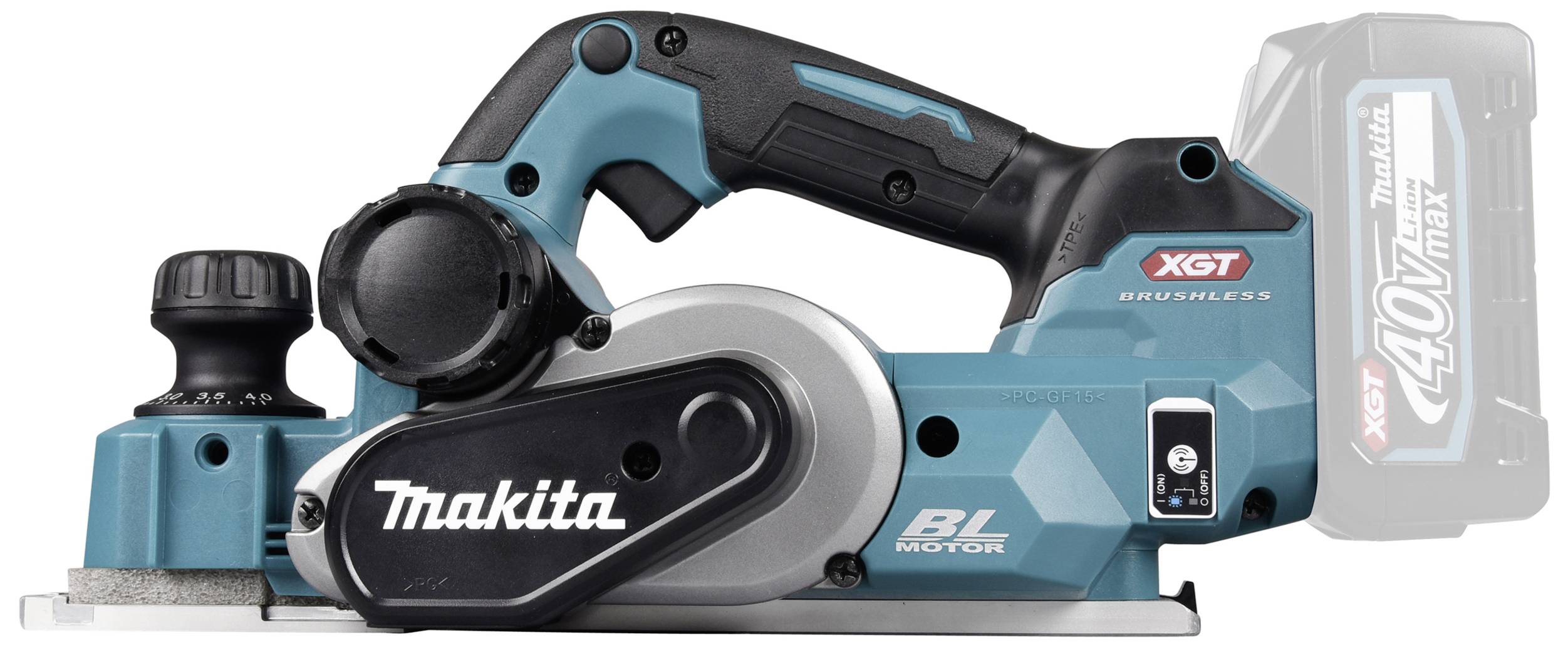 Electric hand planer in blue by Makita. Model with 40V Max brushless motor, ergonomic handle and robust design for woodworking.