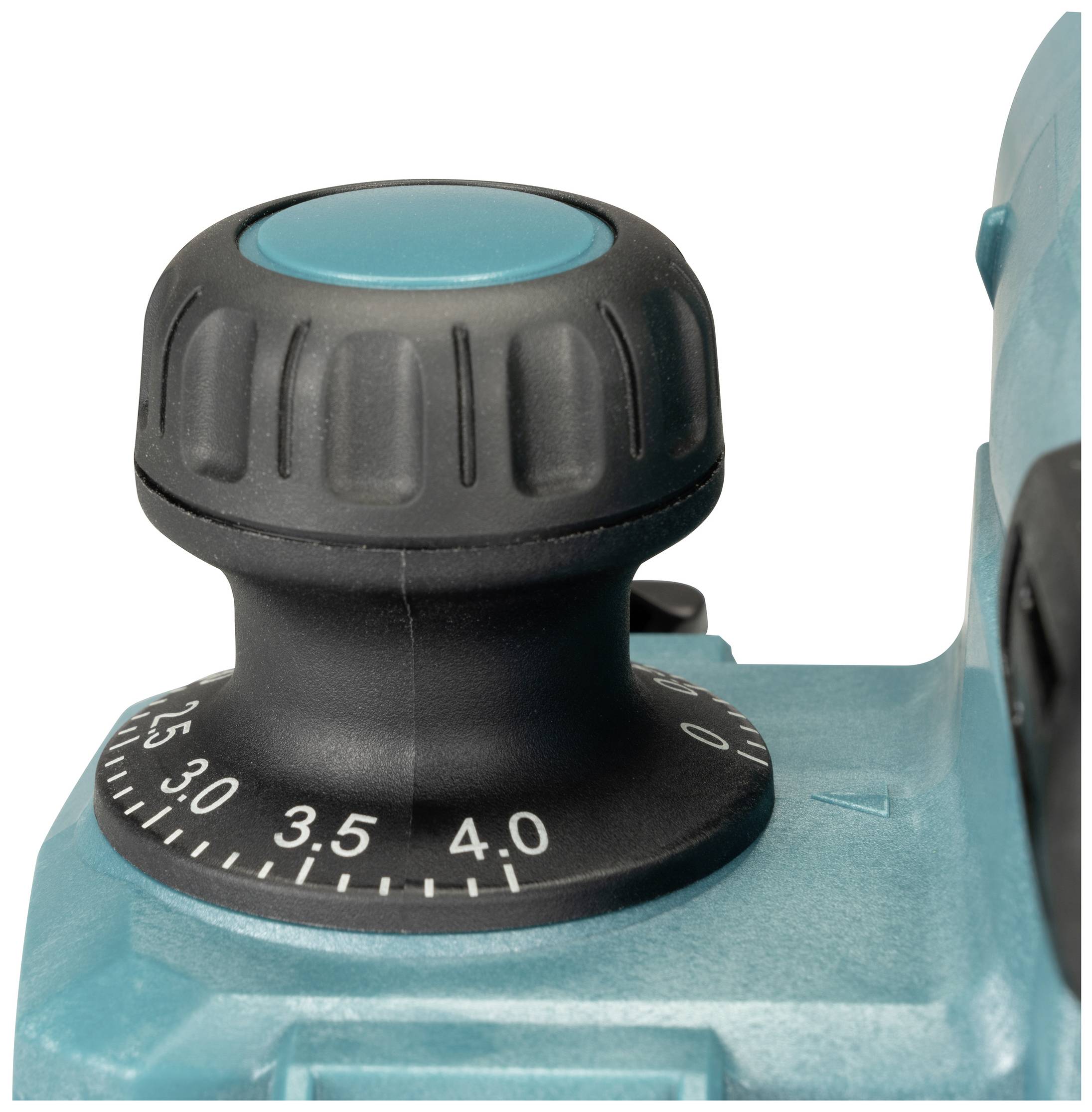 Close-up of a black adjustment dial with a scale from 1 to 4 on a blue electric tool, likely used for calibration.