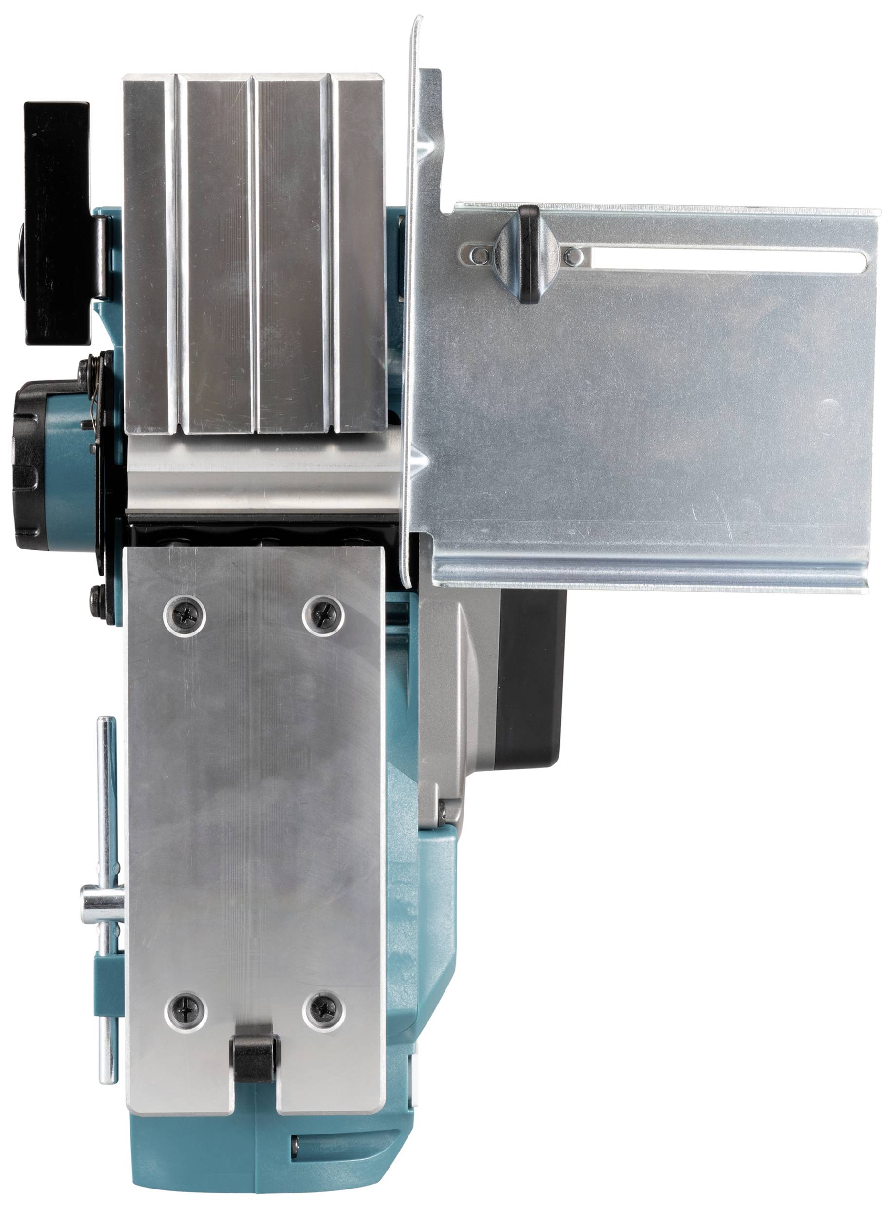 Electric planer in side view, showing blades and metal surfaces for woodworking.