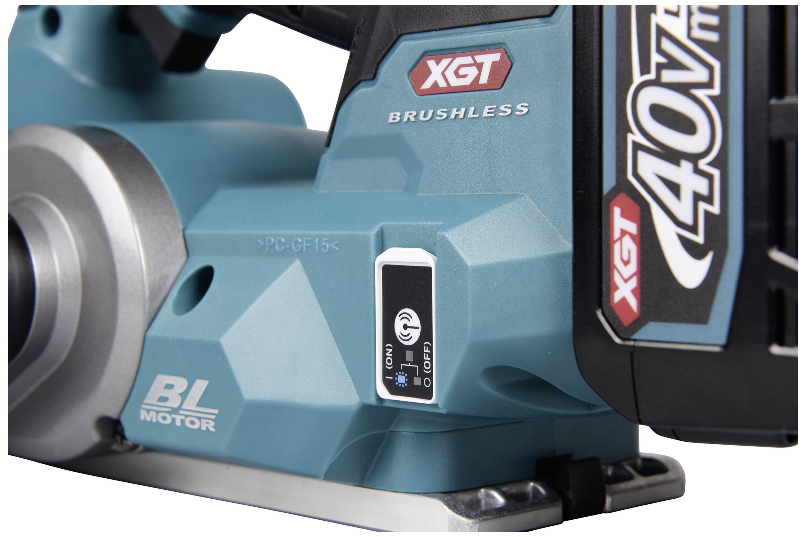 A blue electric power tool with the inscription 'XGT 40Vmax' and 'BRUSHLESS'. It features an 'On' and 'Off' switch.