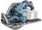 A blue, cordless circular saw on a grey background, suitable for precise woodworking. Makita logo visible on the side.