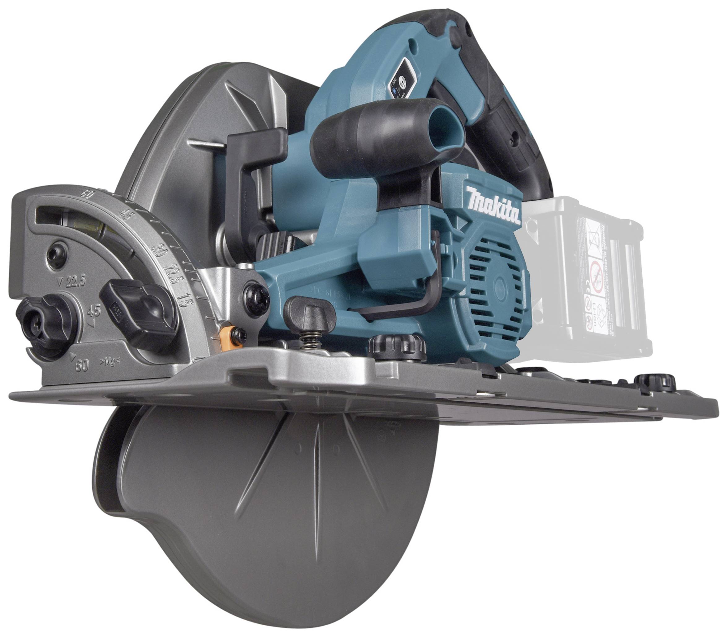 Blue-black electric circular hand saw by Makita, focused closely on the blade, against a white background.