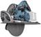 Blue-black electric circular hand saw by Makita, focused closely on the blade, against a white background.