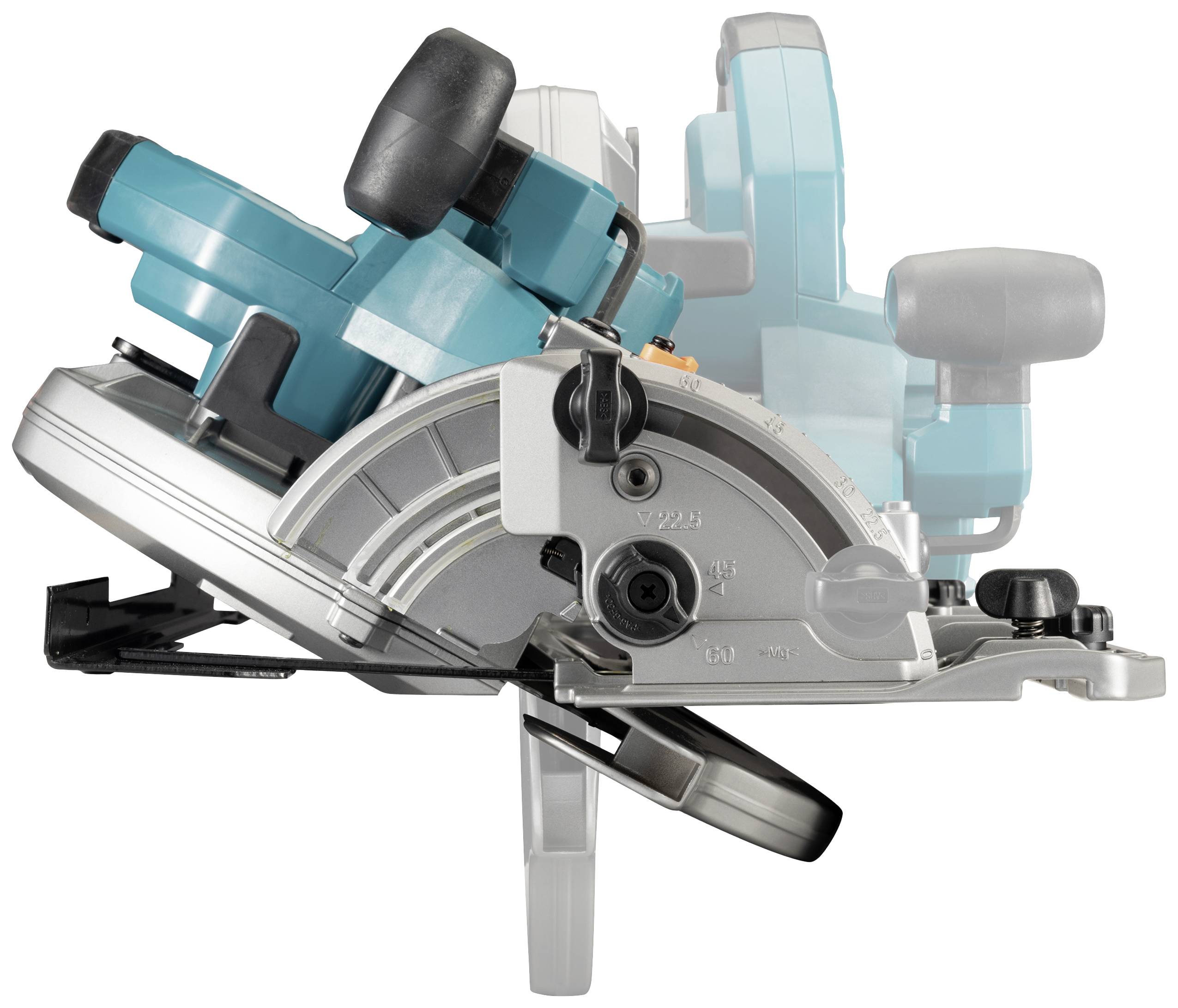 A blue-grey circular saw demonstrates the pivoting movement of the saw blade at various angles.