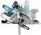 A blue-grey circular saw demonstrates the pivoting movement of the saw blade at various angles.