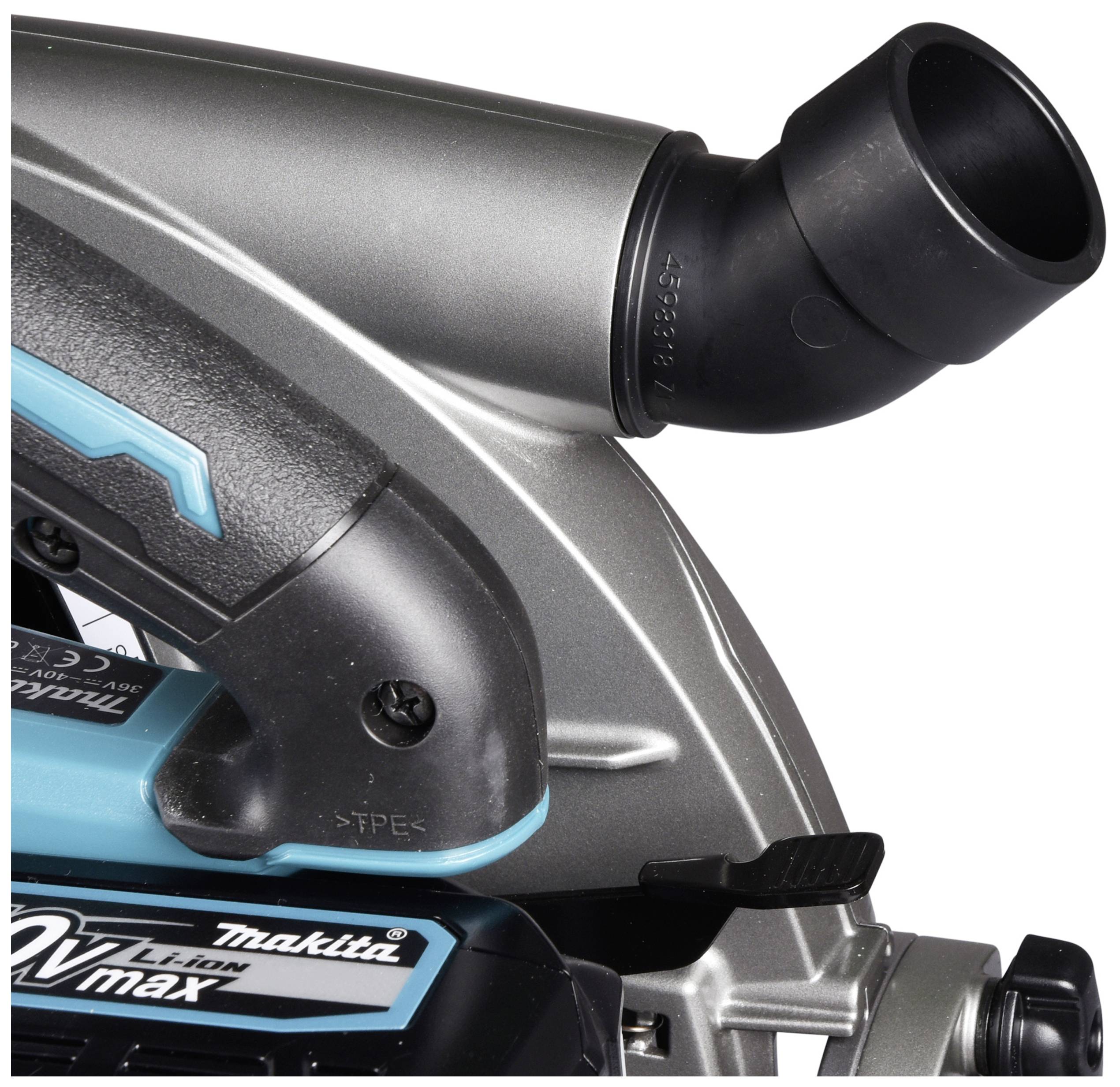 Close-up of an electric saw. A black connecting part points upwards. The handle has blue and black details.