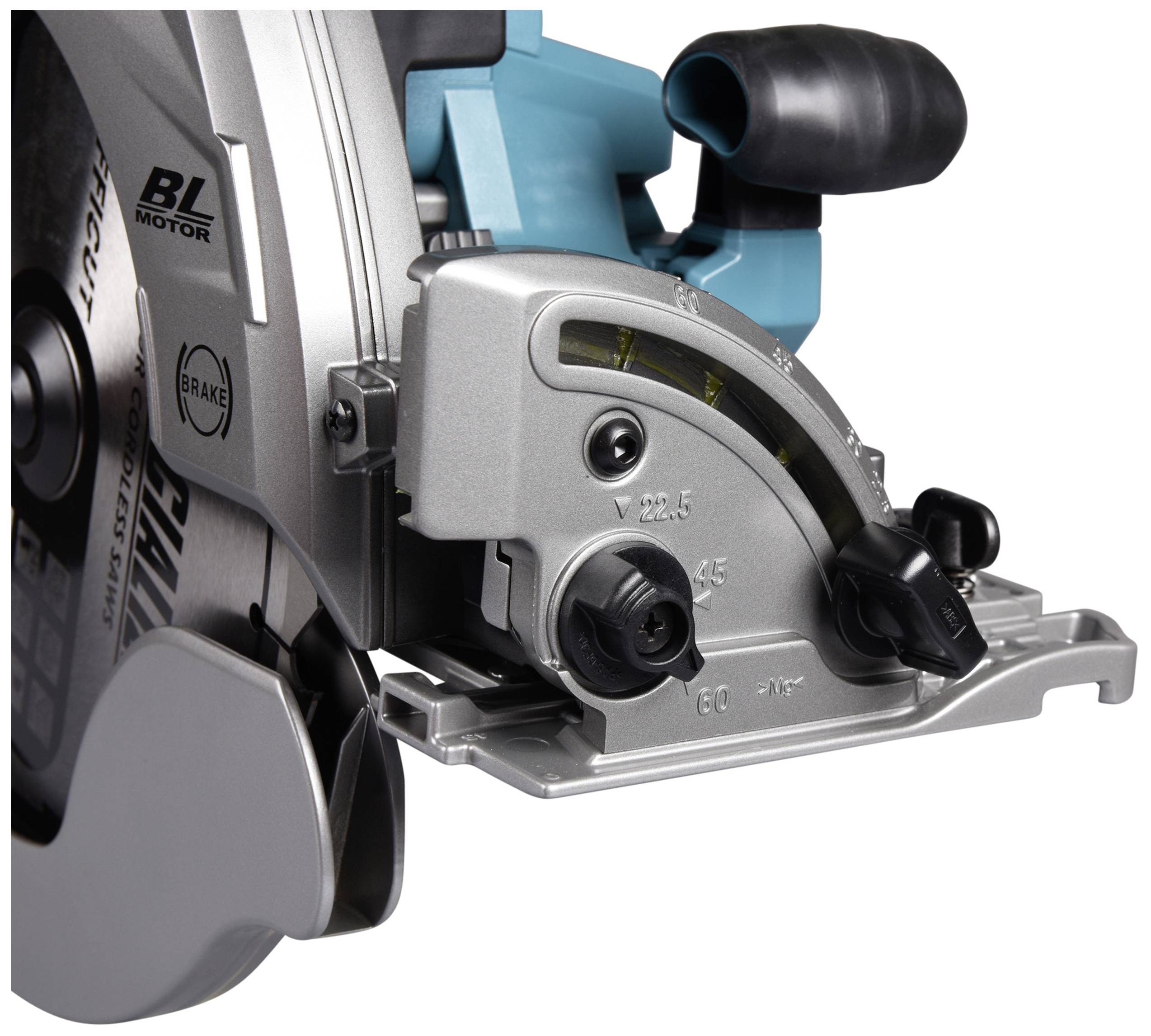 Battery-powered circular saw with blue handle and silver depth and angle adjustment mechanism.