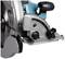 Battery-powered circular saw with blue handle and silver depth and angle adjustment mechanism.