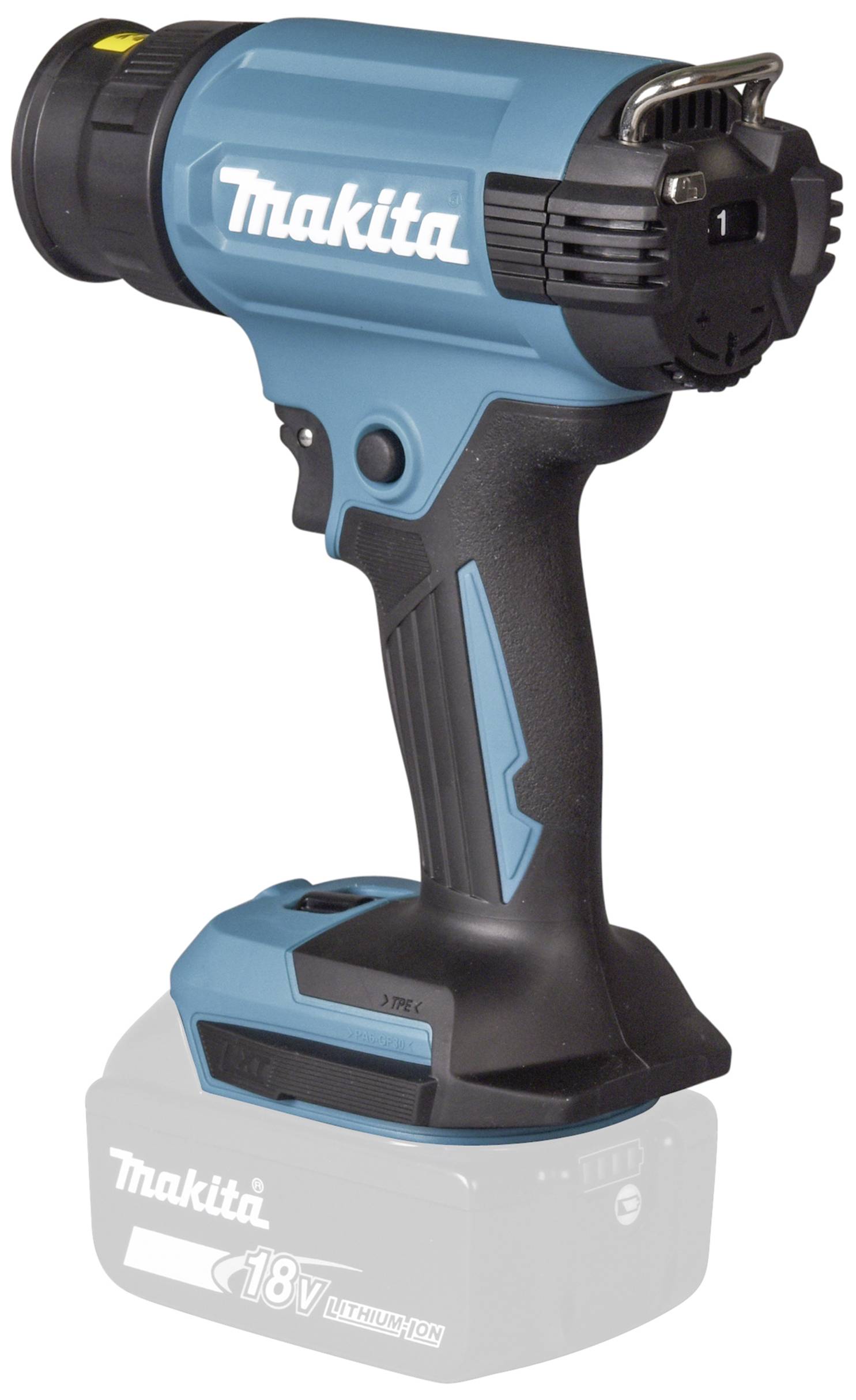 A cordless screwdriver by Makita, model with ergonomic handle, blue-black design, without battery pack inserted.