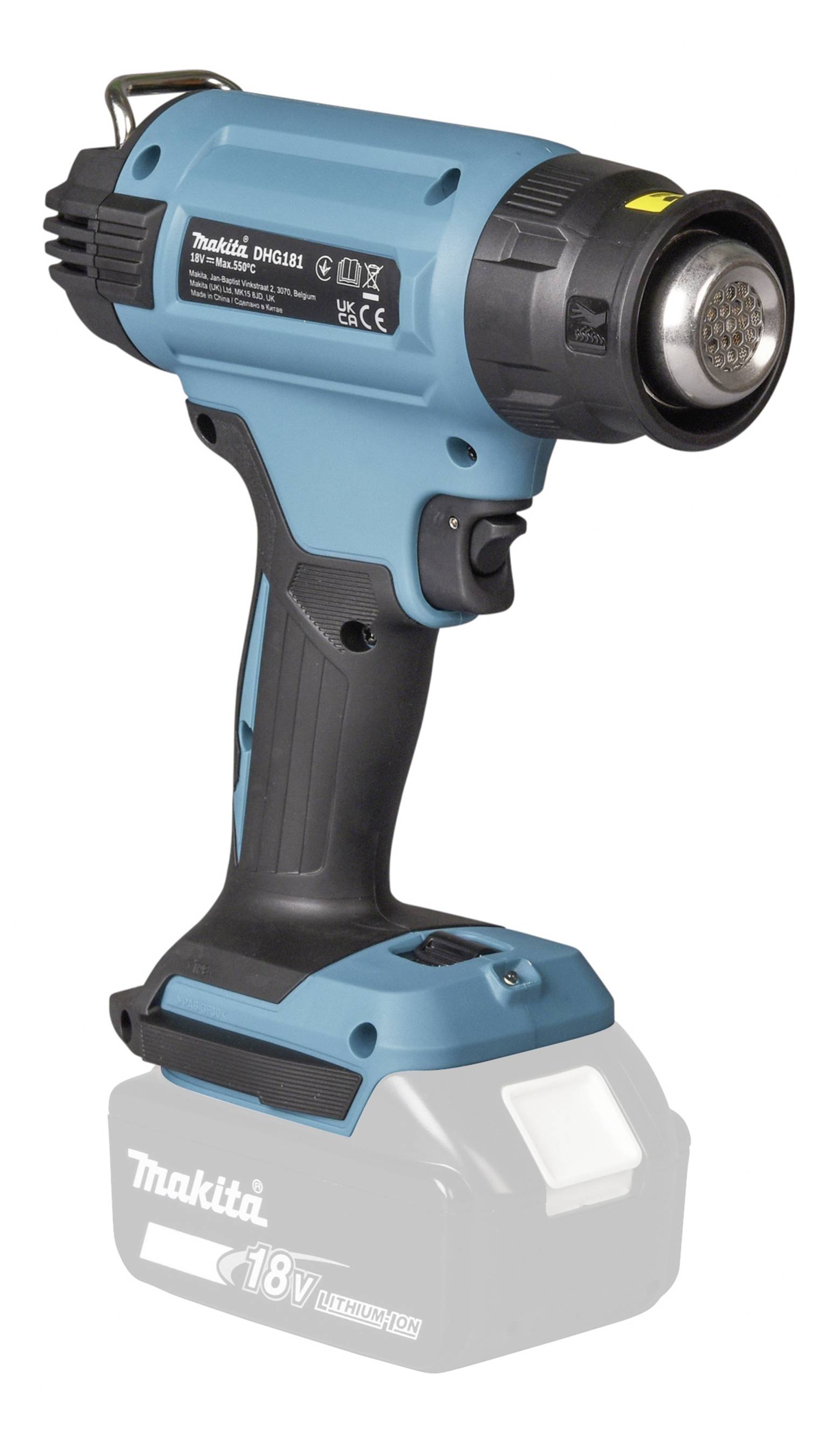 Cordless blue hot air gun with black handle and included 18V battery, suitable for various DIY applications.