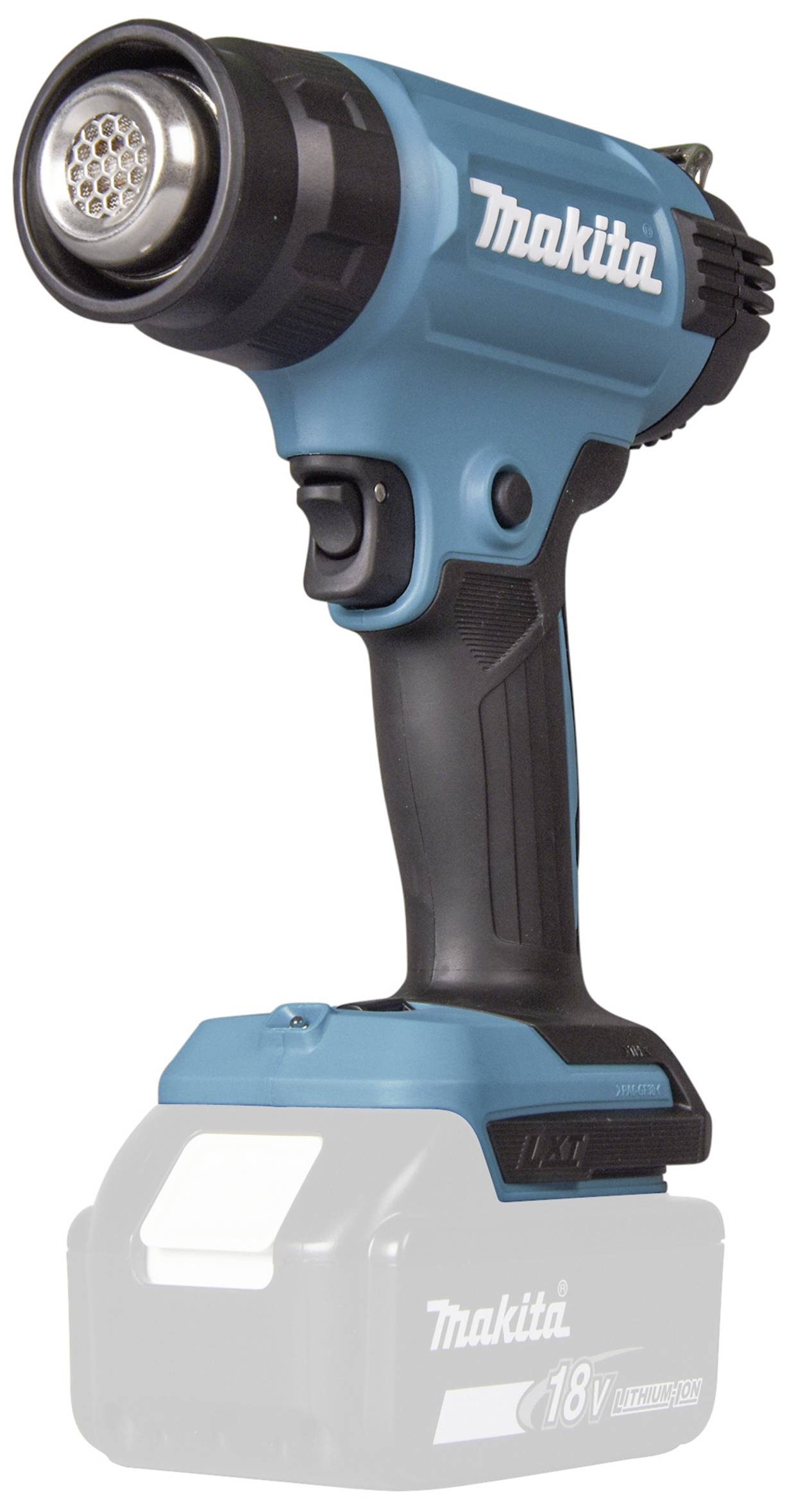 A blue hand warmer with a black handle and grey nozzle by Makita. Below it, an 18V battery pack, partially shown in transparent representation.