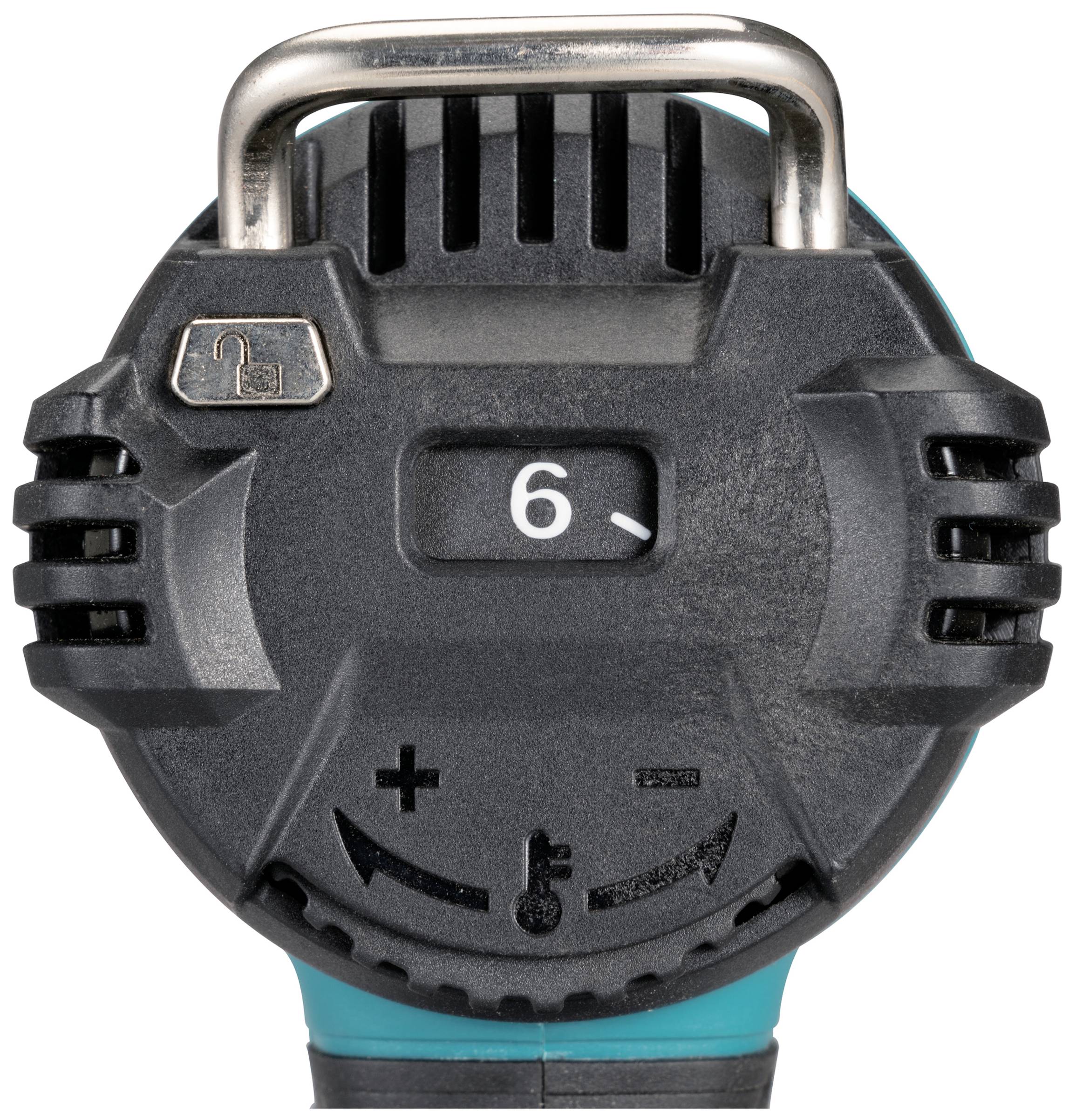 'Close-up of a black, round scale with the number 6 in the centre, a displayed lock symbol, and plus/minus controls.'