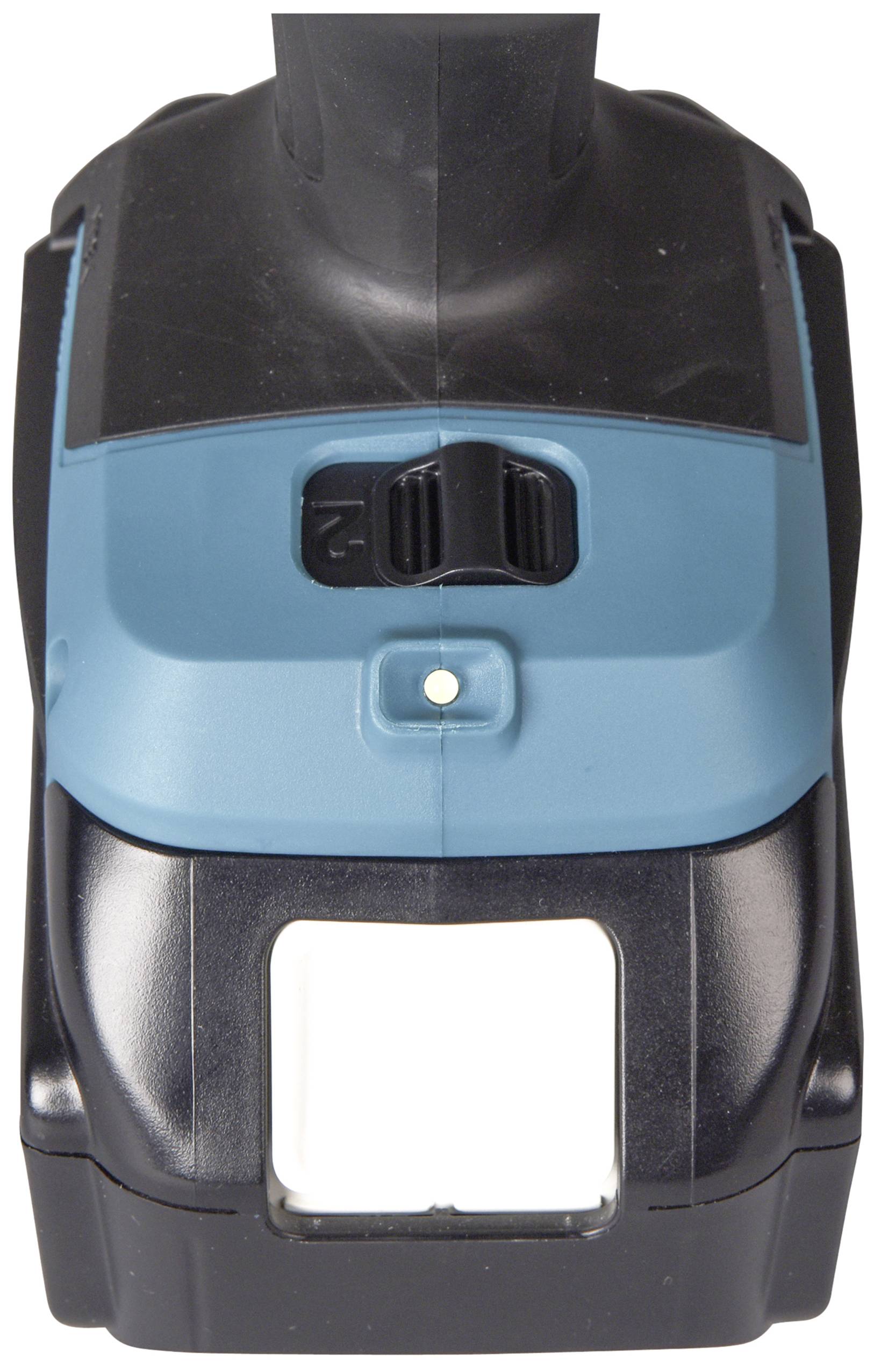 Black and blue battery pack for power tools, with a charging indicator button and contact slot.