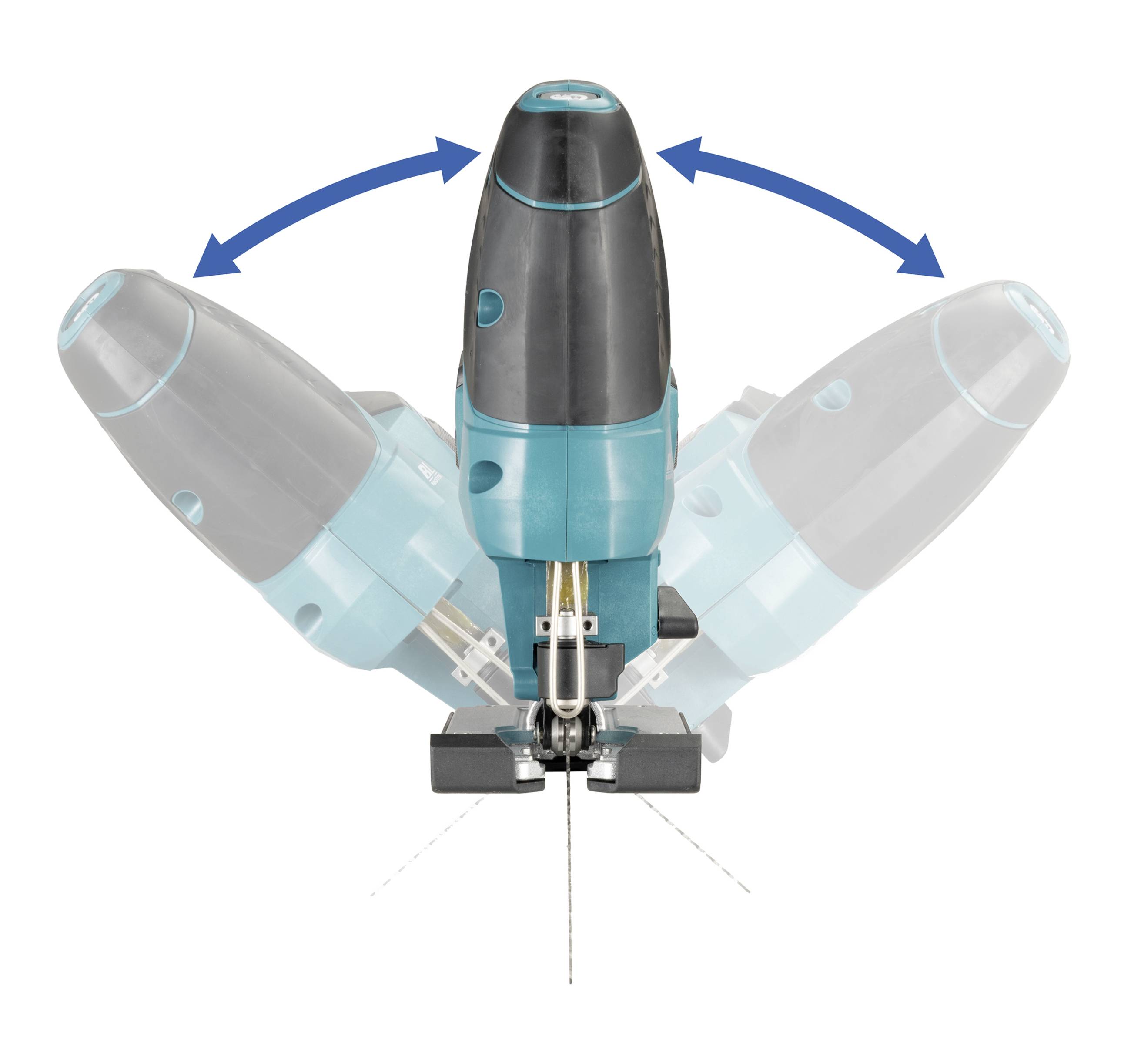 An electric jigsaw in motion is shown. The saw tilts to the left and right, illustrated by arrows.