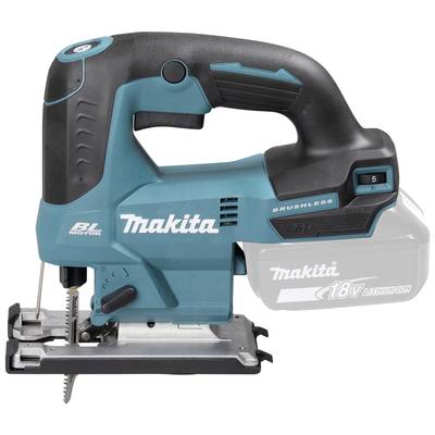 A blue, cordless jigsaw by Makita with an ergonomic handle and an '18V Lithium-ion' battery.