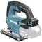 A blue and black cordless jigsaw, model labelled 'Makita 18V LXT', suitable for precise cuts in various materials.