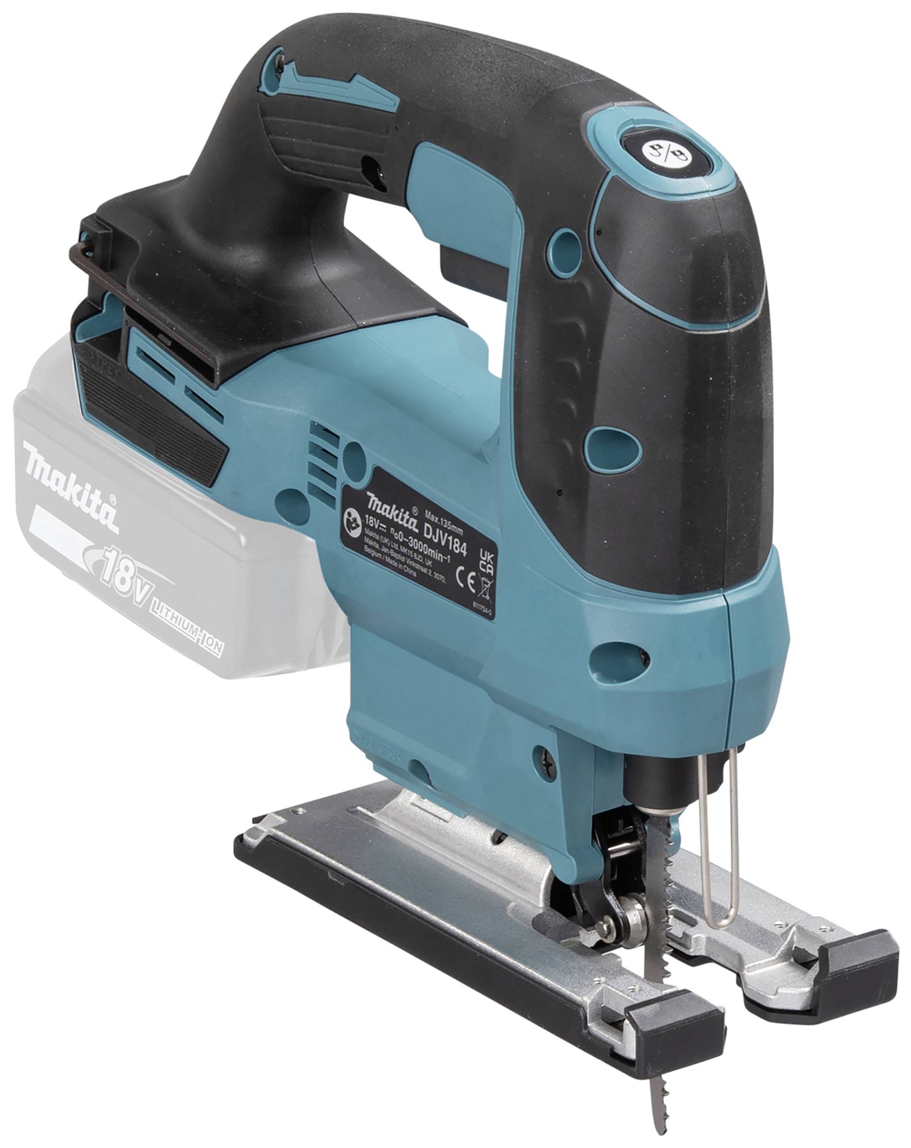 A blue, cordless jigsaw with a black handle on a white background.