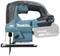 Battery-powered jigsaw with blue handle and saw blade. Makita brand, 18V lithium-ion battery. Suitable for woodworking.