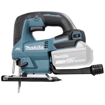 Cordless jigsaw in blue, 'Makita' brand with 18V lithium-ion battery, suitable for precise wood and metal cutting.