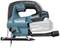 Cordless jigsaw in blue, 'Makita' brand with 18V lithium-ion battery, suitable for precise wood and metal cutting.