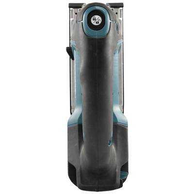 An electric angle grinder in black and blue, with a safety lock at the top end of the handle.