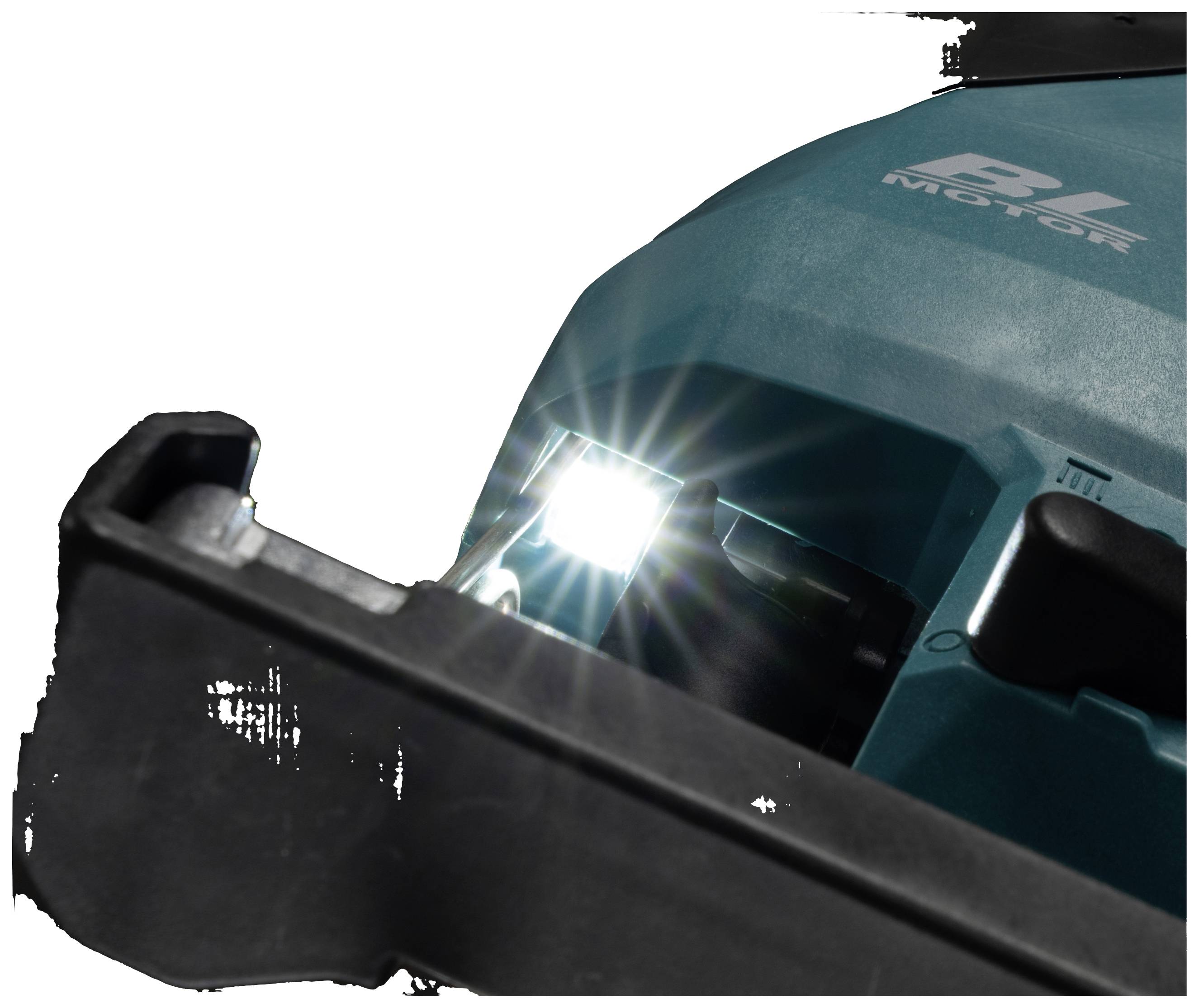 A close-up of a blue electric tool with an illuminated LED light, casting light on part of the tool.