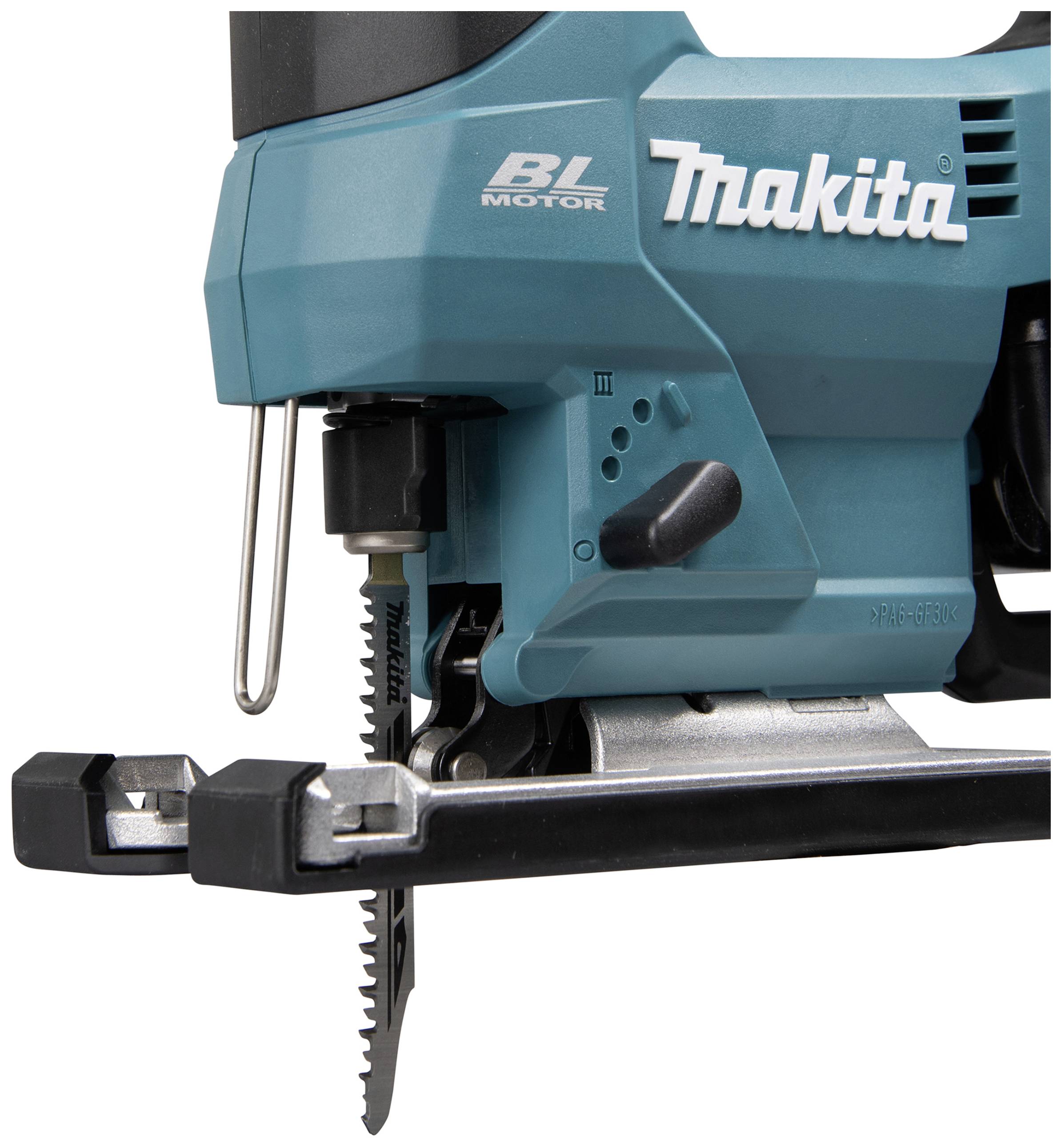 A blue Makita jigsaw head, side view, with the saw blade visibly inserted.