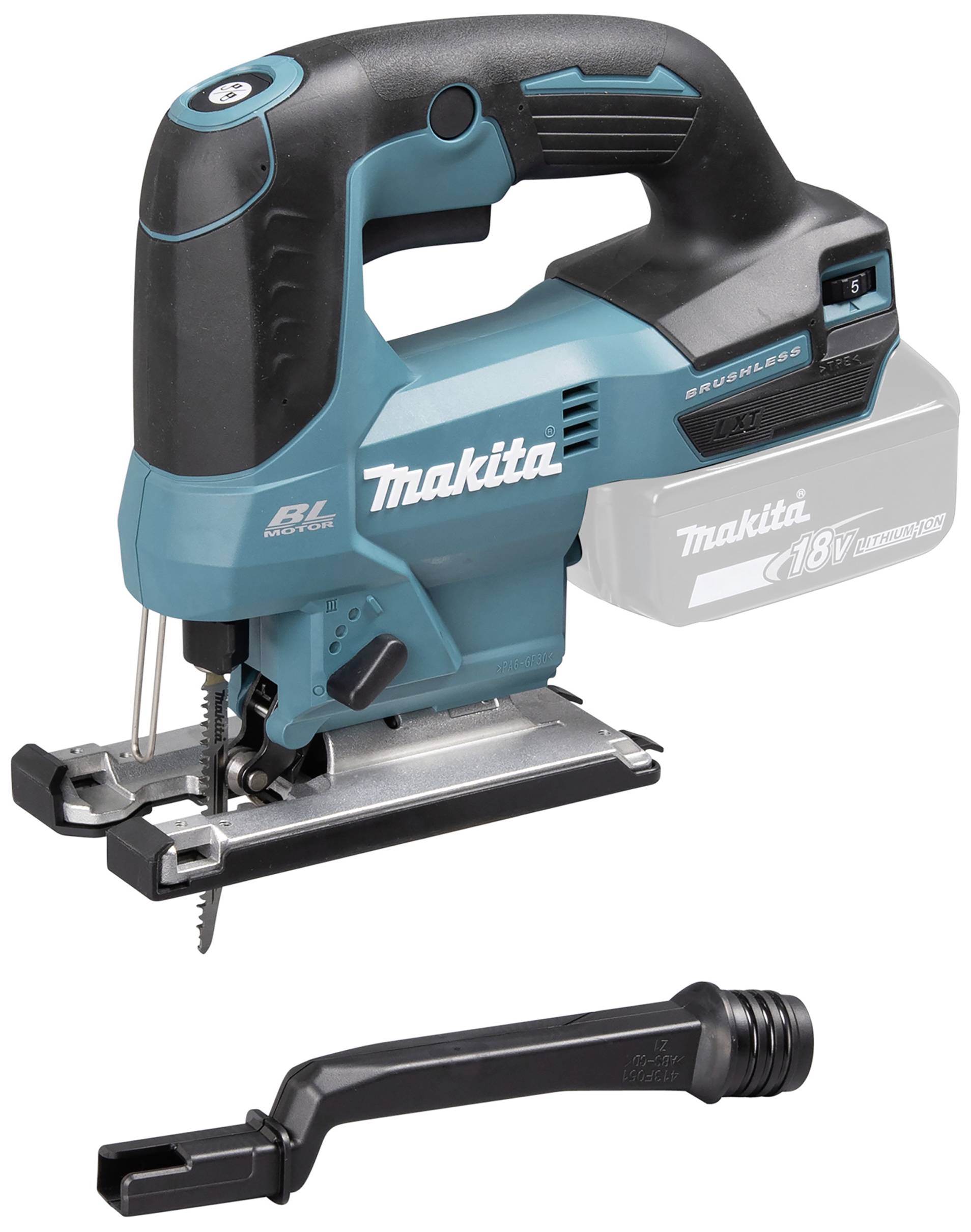 'Acoustic Saw with Accessories. Blue-black design, battery-powered. Suitable for precise cuts in wood or metal.'