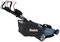 A blue, electric lawnmower by Makita with black handles and wheels.