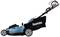 Lawnmower in turquoise and black with brand logo, featuring large wheels and a handle with a red lever, suitable for medium-sized gardens.
