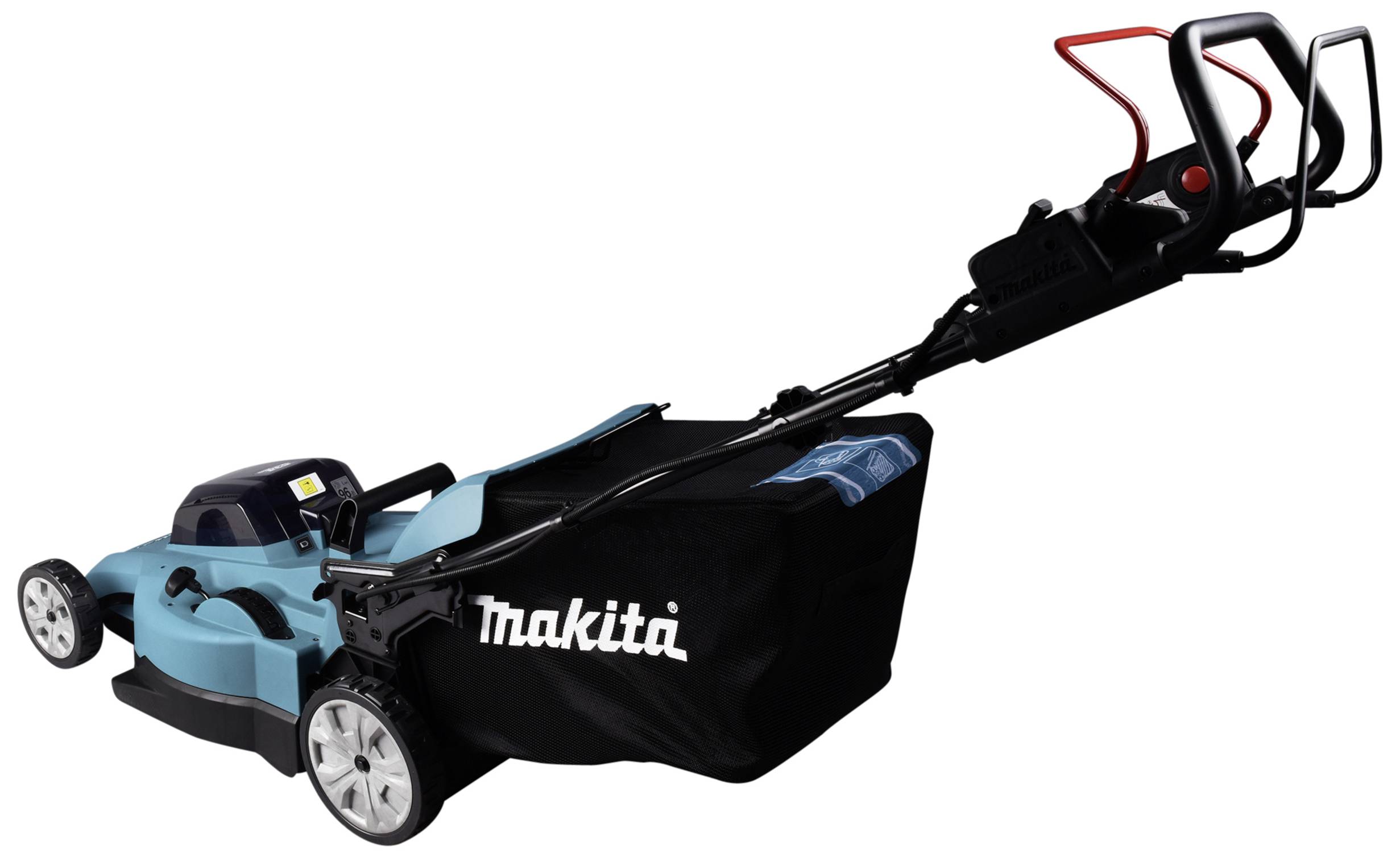 A blue and black lawnmower with a red handle, brand 'Makita', stands upright with its grass collector, ready for use.