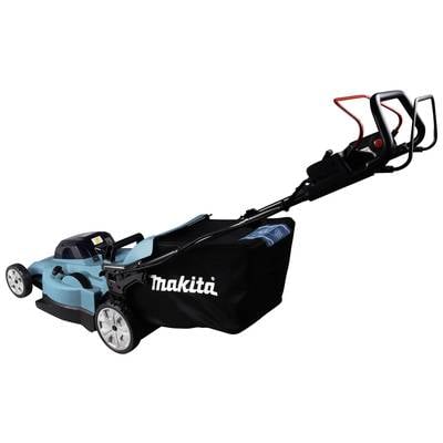 A blue and black lawnmower with a red handle, brand 'Makita', stands upright with its grass collector, ready for use.