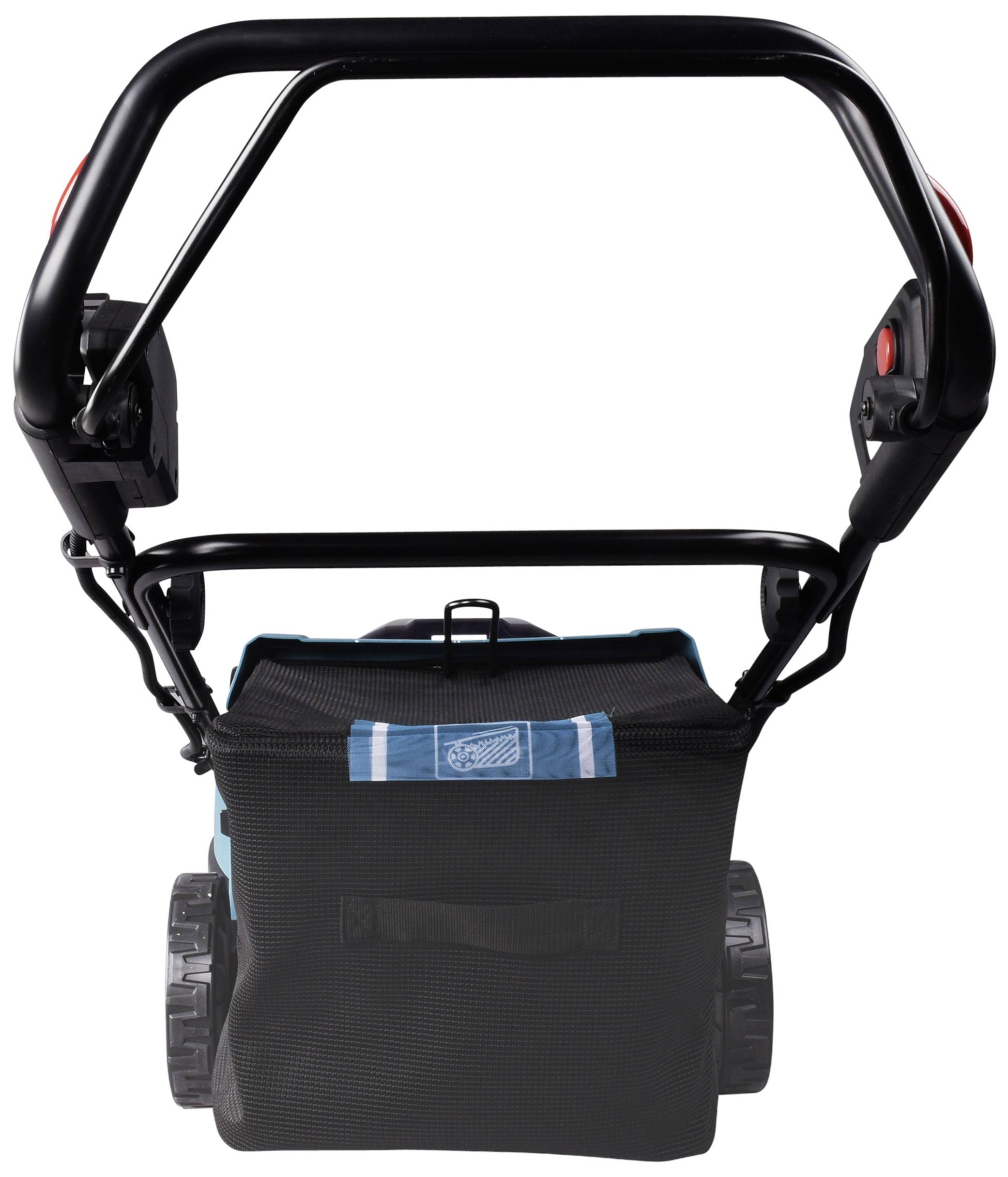 A lawnmower with a black handle and a black grass collection bag, photographed from the rear.