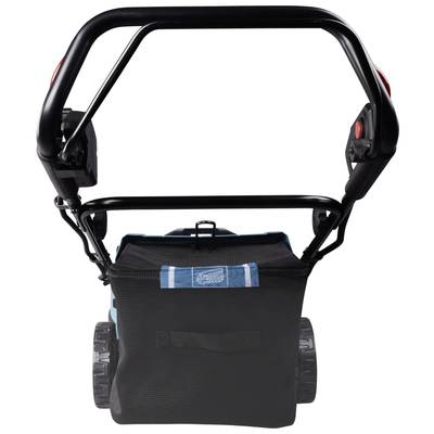 A lawnmower with a black handle and a black grass collection bag, photographed from the rear.
