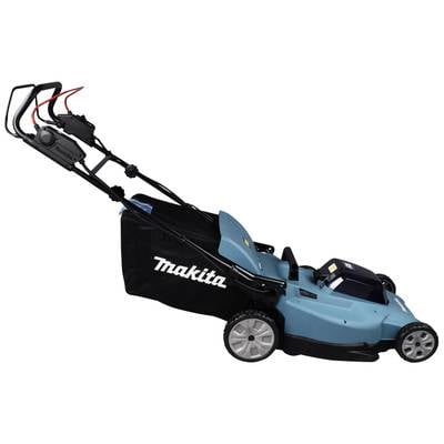 A blue electric lawnmower with a grass collection box and red levers. The 'Makita' brand is printed on the box. Side view.